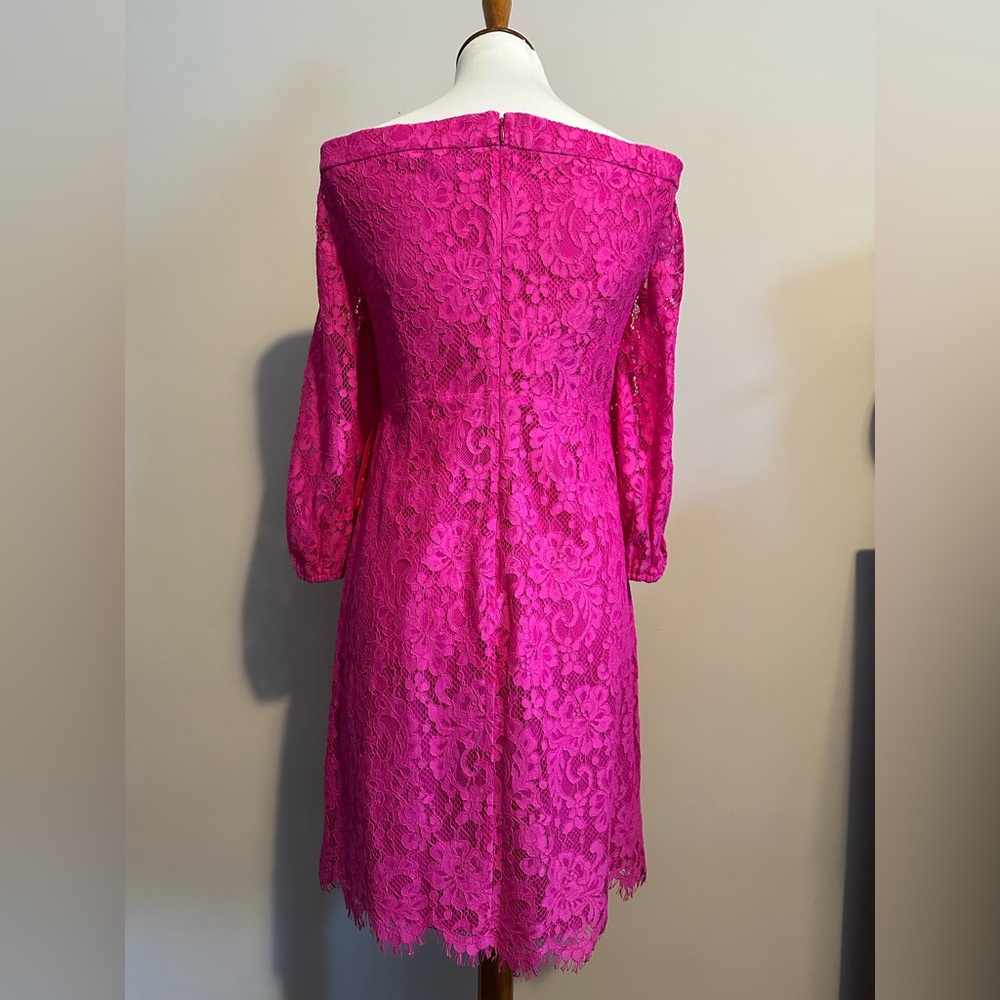 Trina Turk Fuchsia Hot Pink Lace Off the Shoulder Dress - Picture 12 of 16